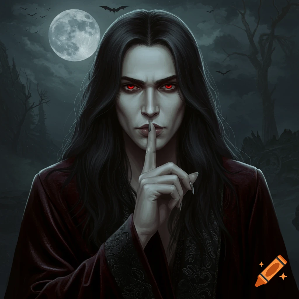 A vampire with red eyes puts a finger to his lips for silence under a full moon with bats.