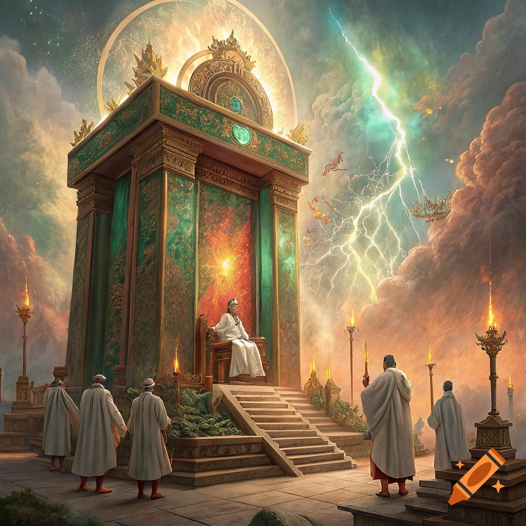 A robed figure sits on a large, ornate throne surrounded by other robed figures under a sky with lightning and glowing clouds.