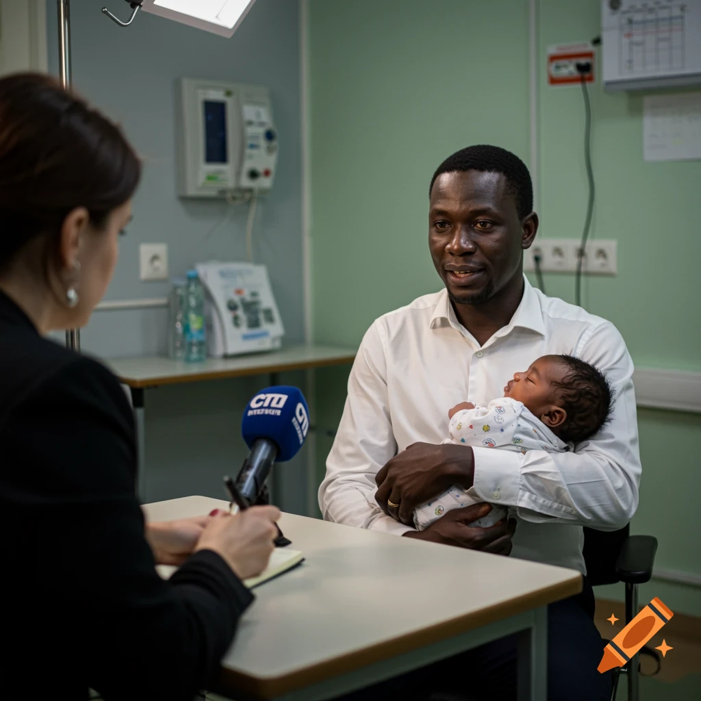 Black man holding baby in Russian hospital interview on Craiyon