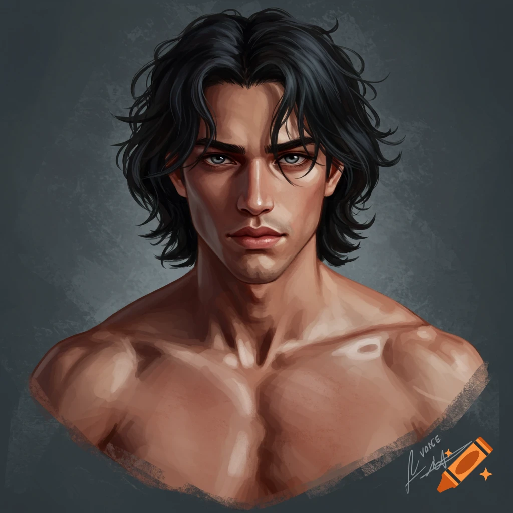 A portrait of a man with dark messy hair, gray eyes, sharp features, and muscular chest.