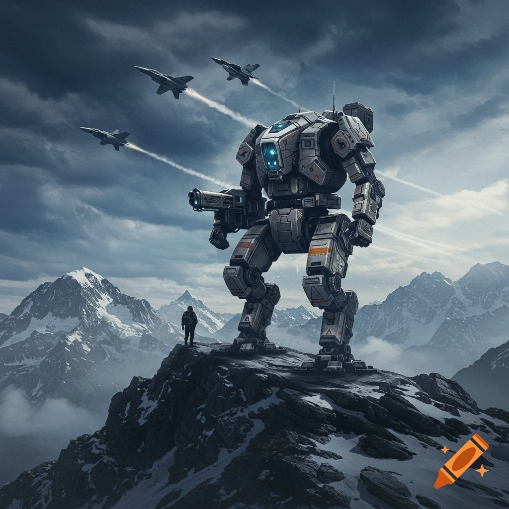 A large robot and a person stand on a snowy mountain peak with fighter jets flying overhead