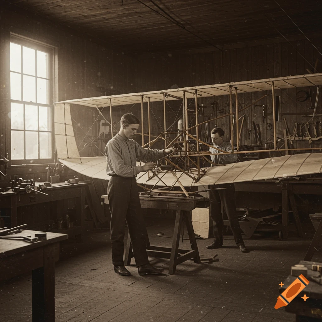 Two men build a biplane in a workshop in a sepia photograph.