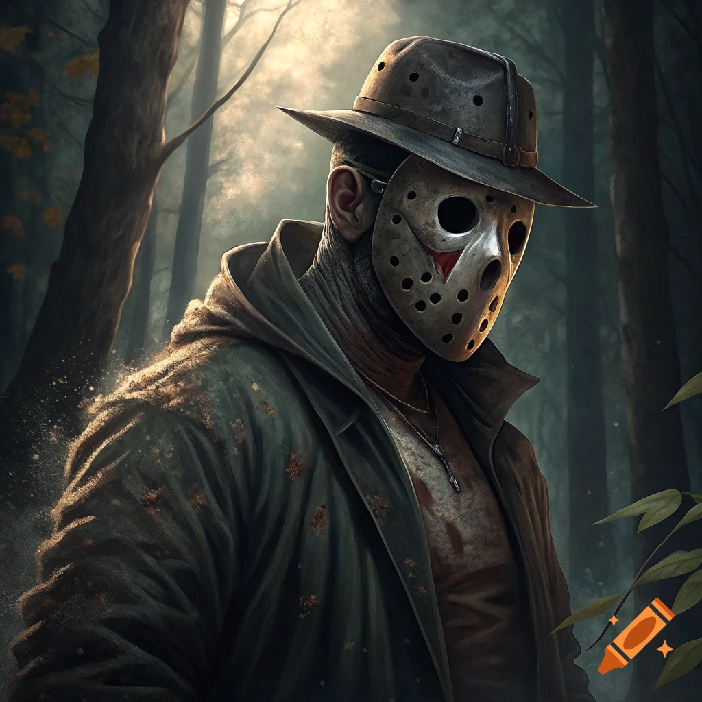 Close-up portrait of Jason Voorhees wearing a hockey mask and hat in a forest.