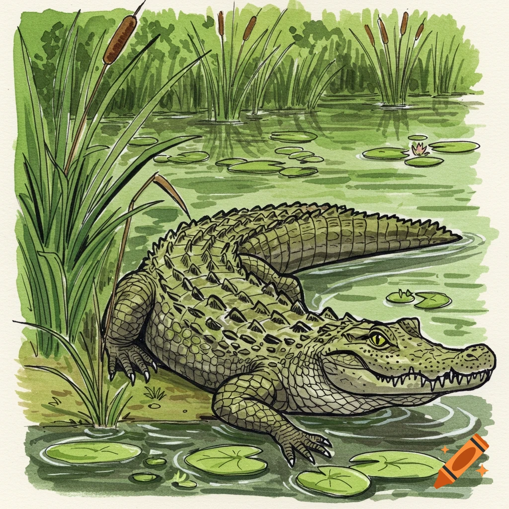 Illustration of a crocodile in a swamp with lily pads and cattails.