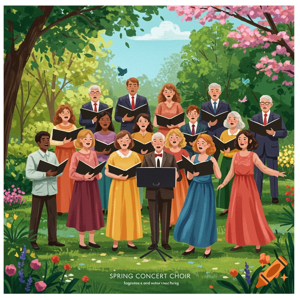 A diverse choir sings outdoors in a spring park setting.