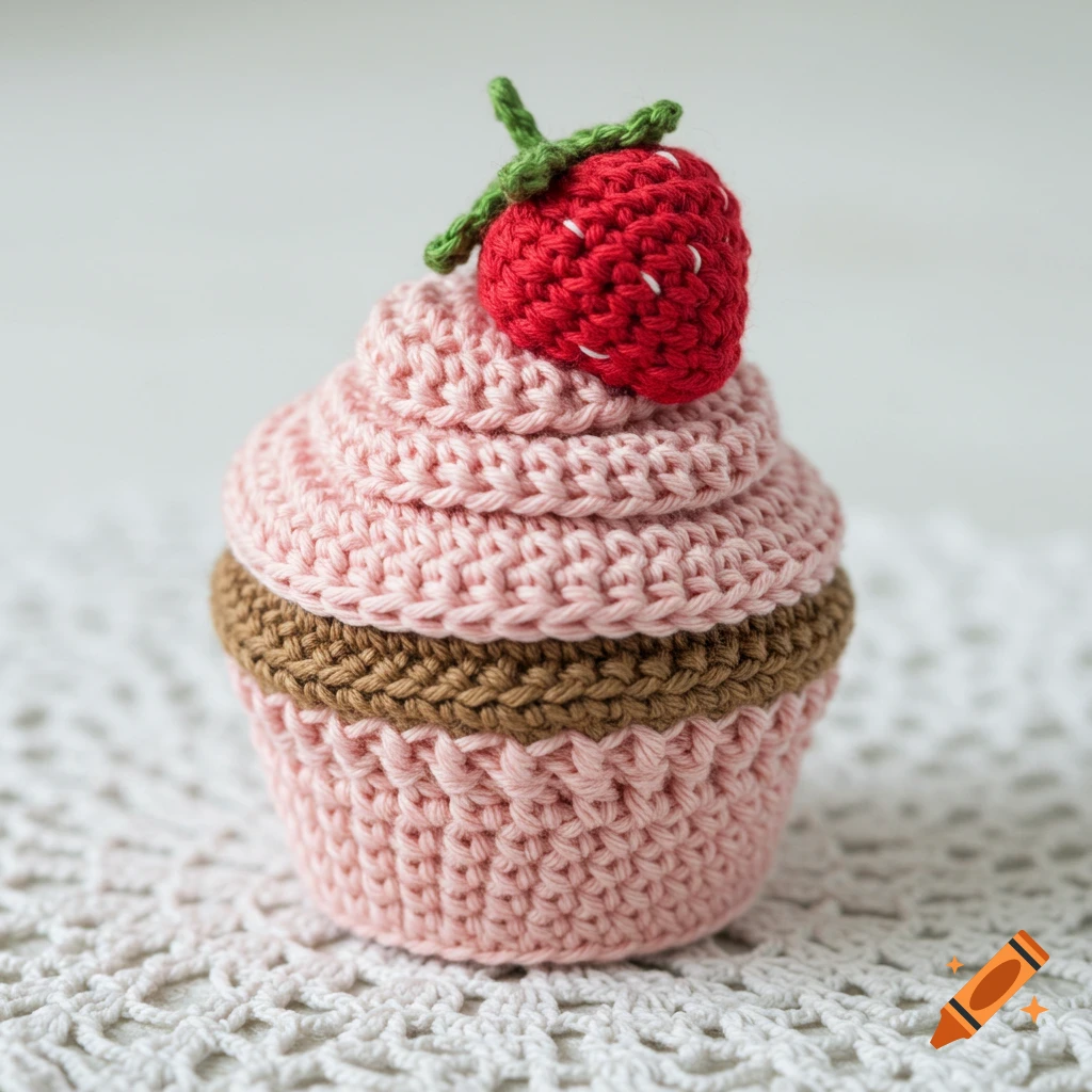 A close-up photo of a crochet cupcake with pink frosting and a strawberry on top.