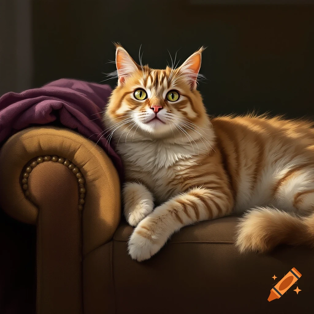 An orange tabby cat lies on a brown couch with a purple blanket in warm light.