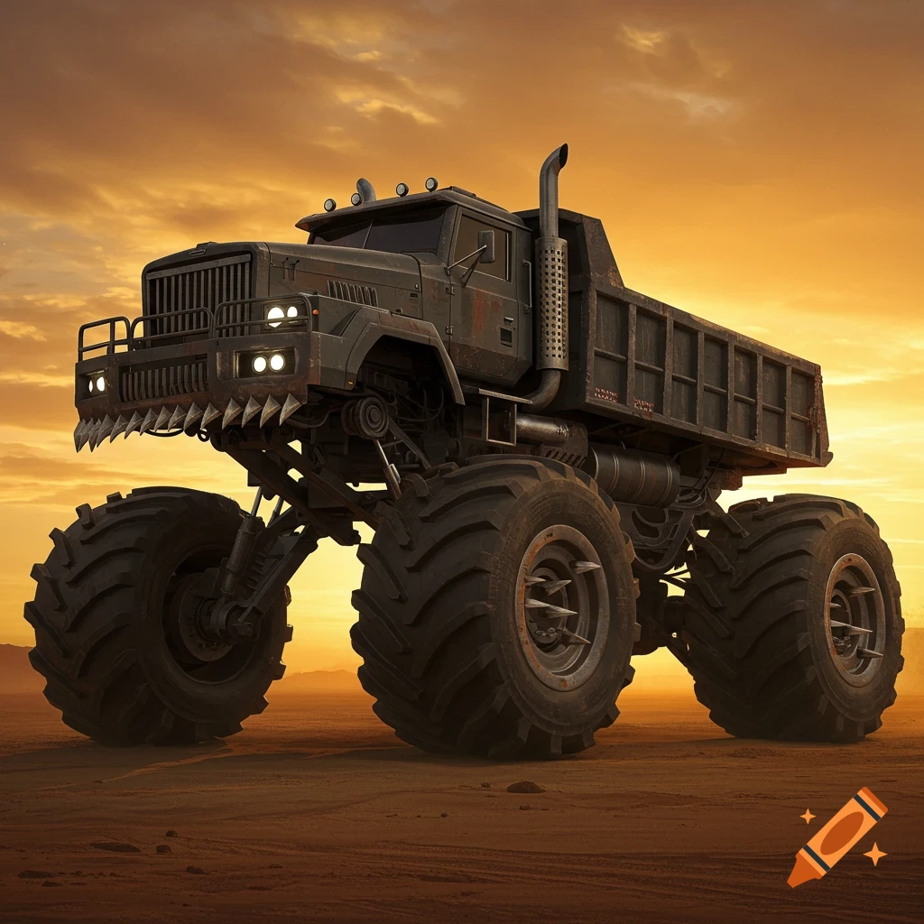 A large, heavily modified dump truck with huge tires and spikes, set against an orange sunset in a desert.