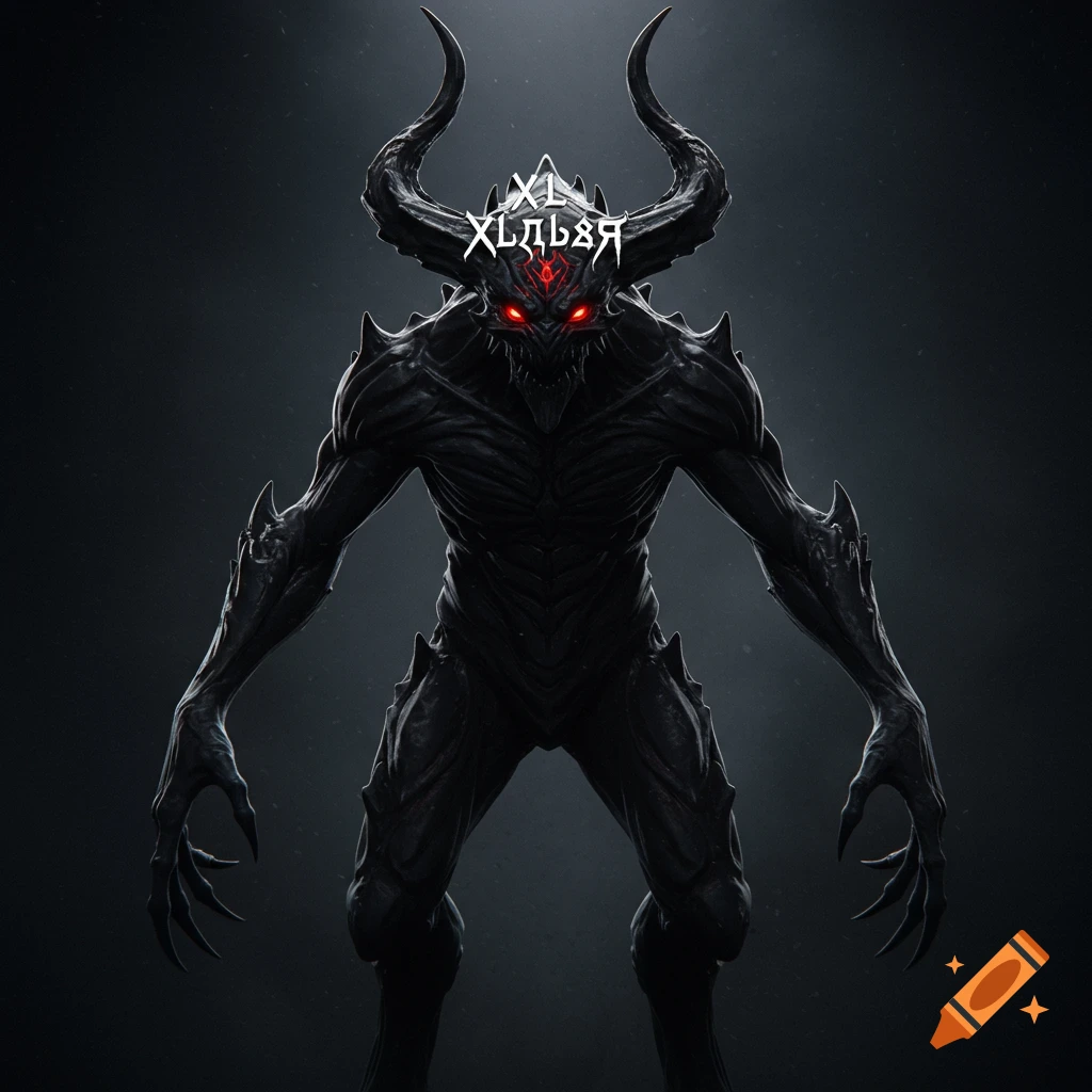A dark fantasy monster with horns and red eyes stands against a dark background. It has white text on its forehead.