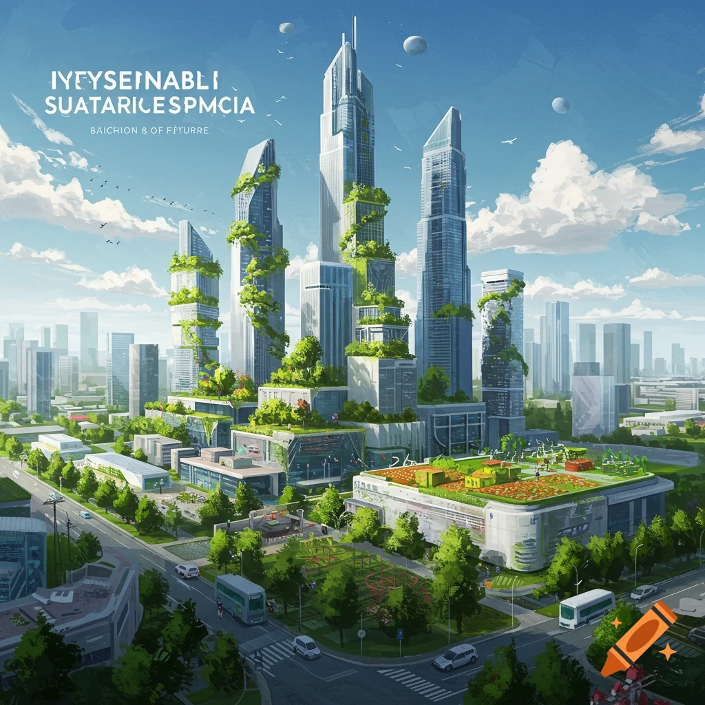 A futuristic city with green infrastructure and lush urban nature.