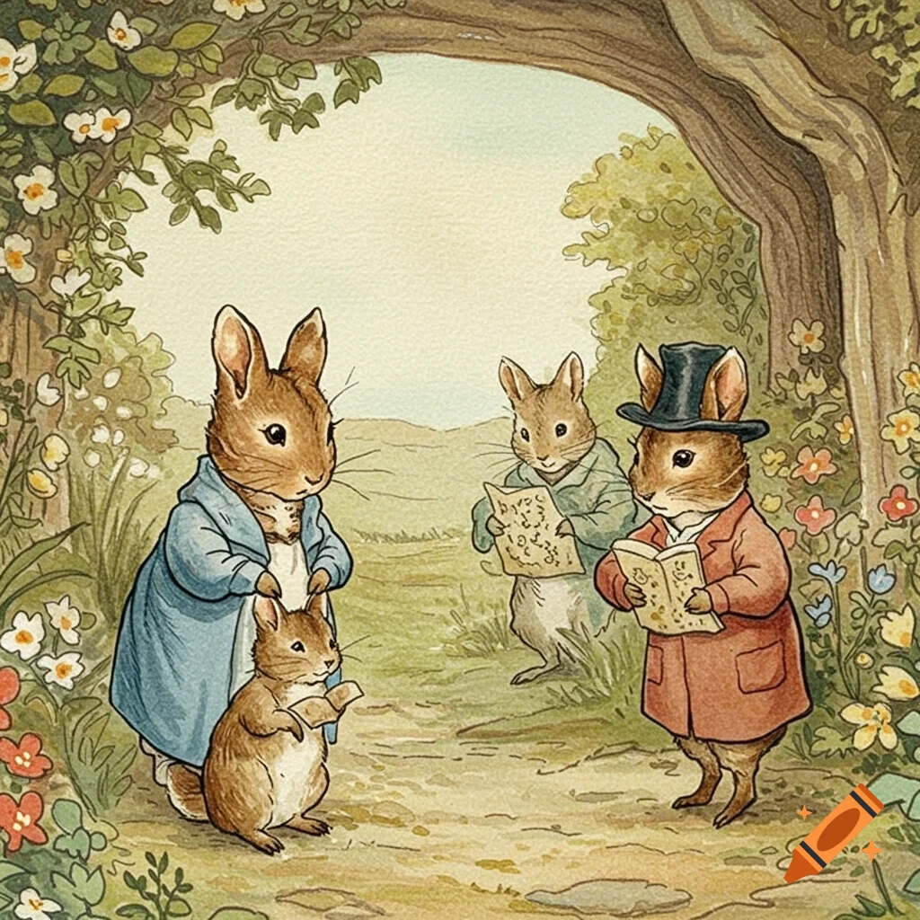 Watercolor illustration of rabbits in clothing reading books in a garden