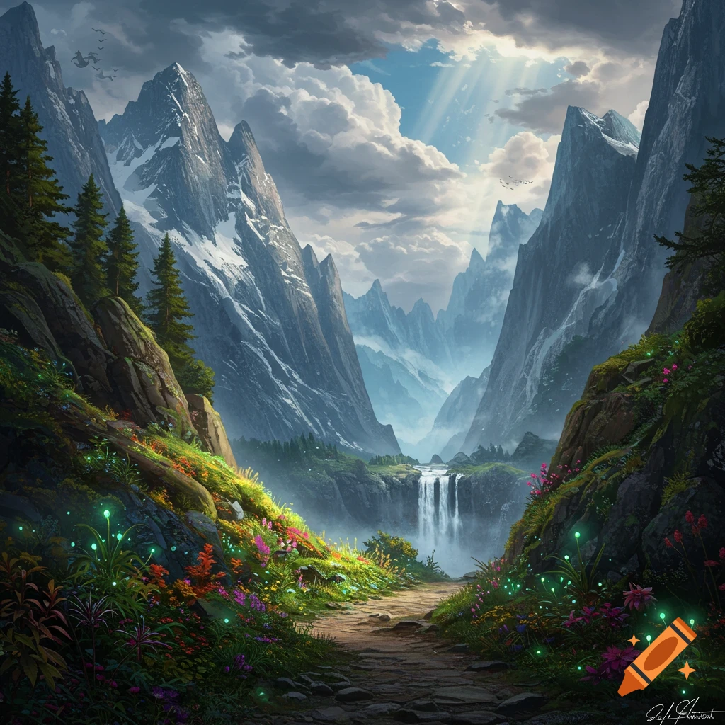 A fantasy mountain pass with a waterfall, lush plants, and sun rays.