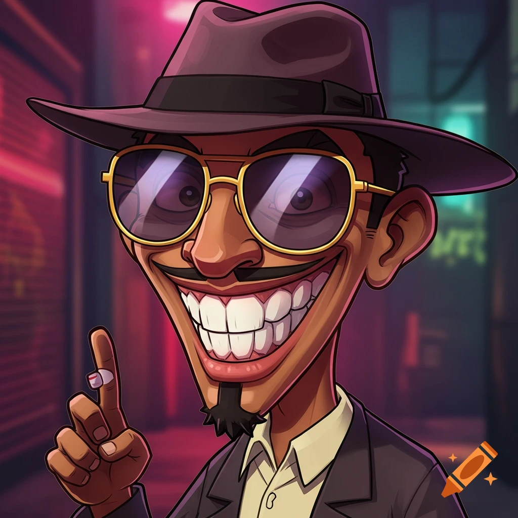 A cartoon character wearing a hat and sunglasses smiles maniacally in a stylized portrait.