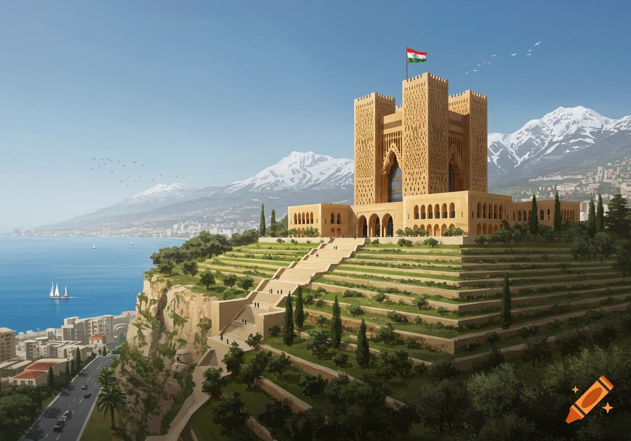 A large ornate building on a terraced hill overlooks a city, sea, and snow-capped mountains.