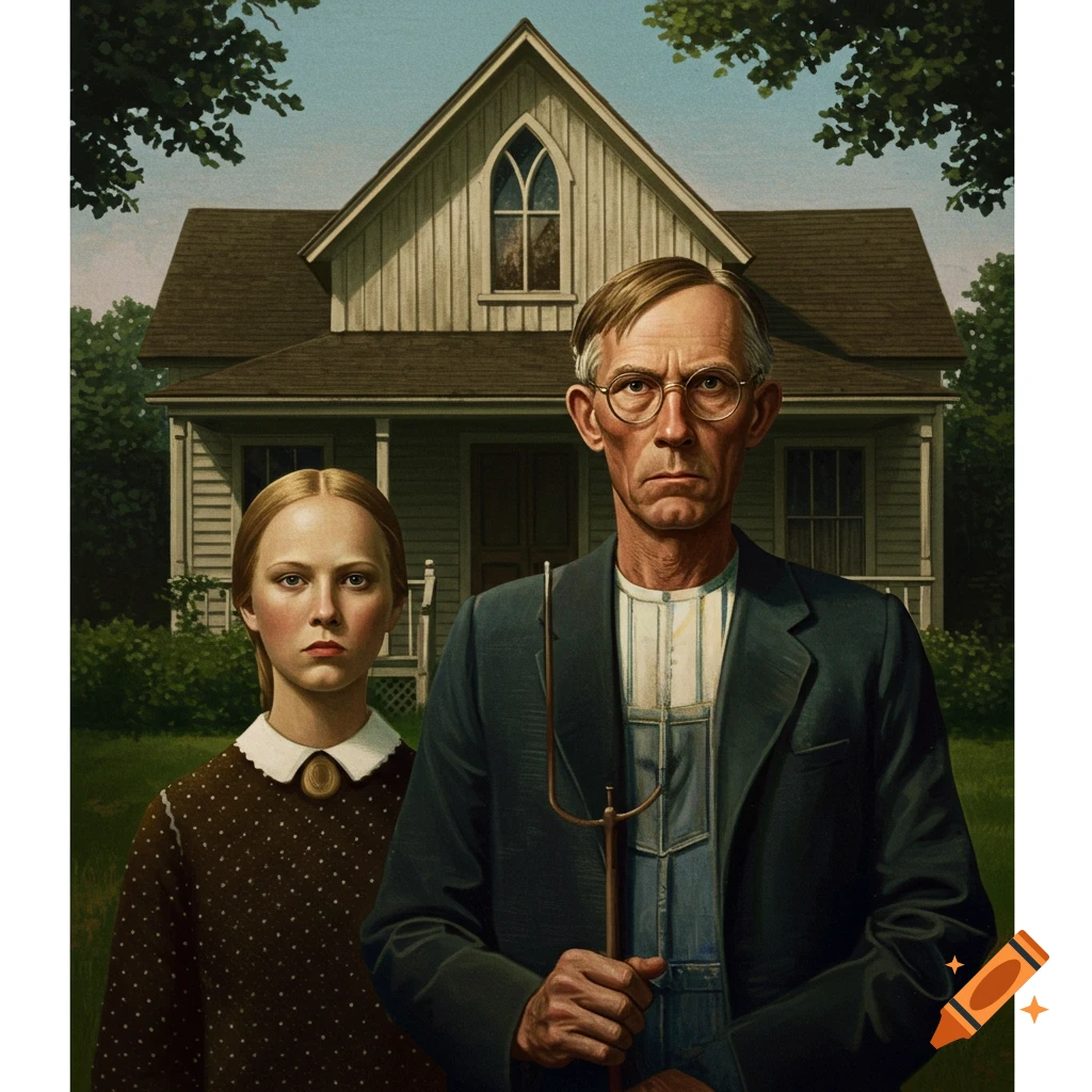 A stern-faced man holding a pitchfork stands next to a woman in front of a white farmhouse. Painting style recreation of American Gothic.