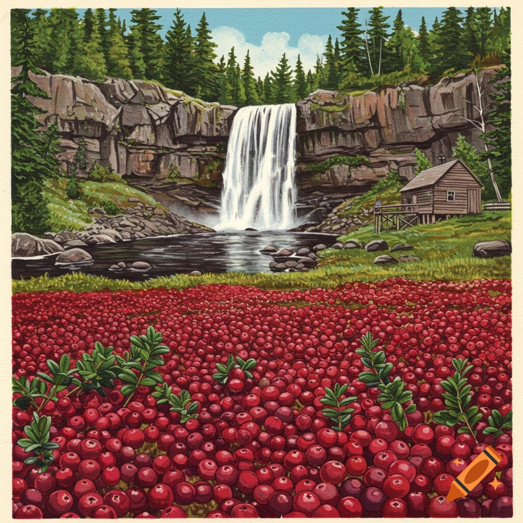 A waterfall, cabin, and cranberry field.