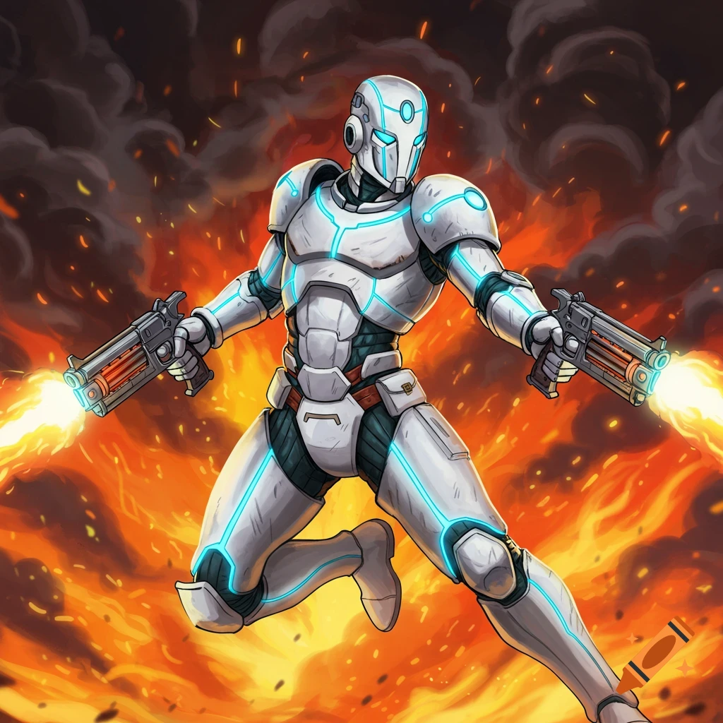 Sci-fi character in white and blue armor fires two pistols amidst explosions
