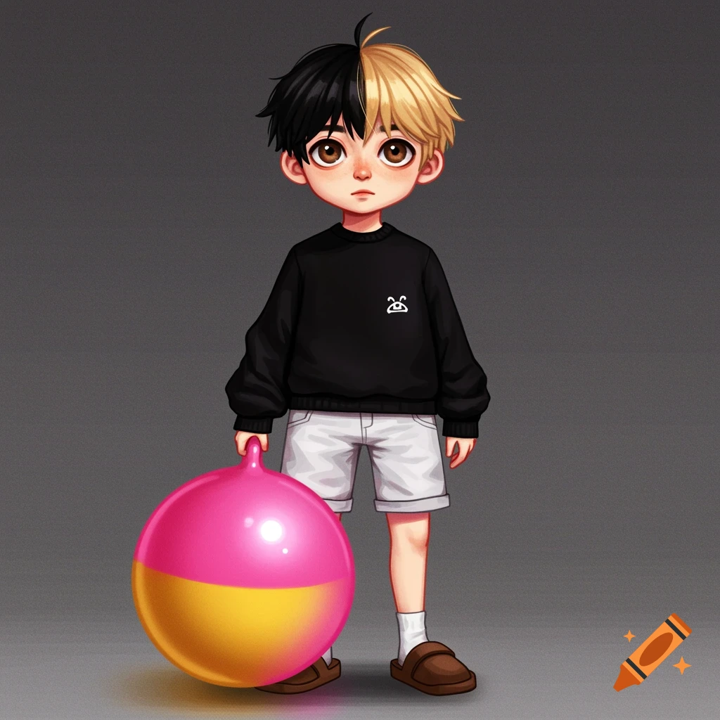 A boy with split black and blonde hair, wearing a black sweatshirt and white shorts, holding a pink and yellow bouncy ball.