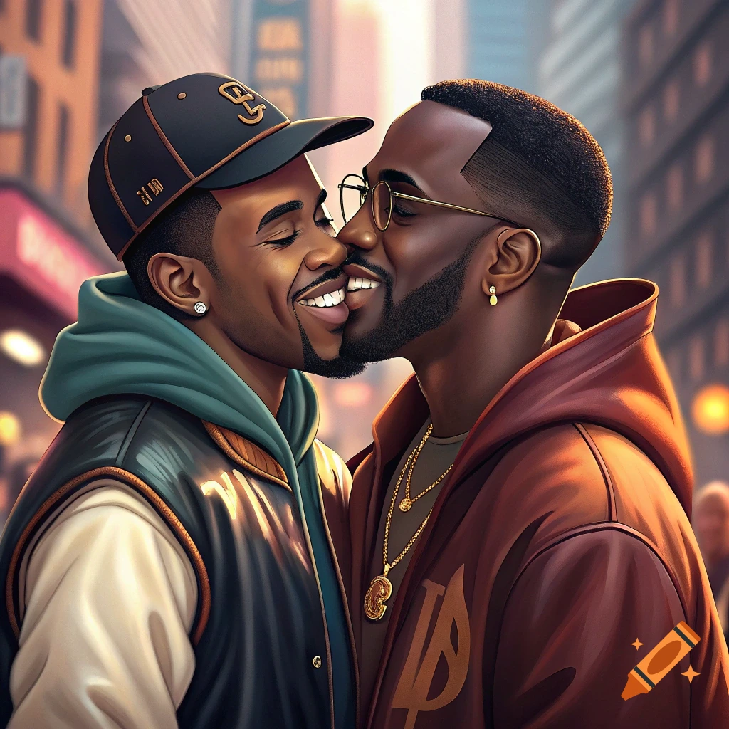 Two men in jackets and hats kissing in urban illustration.