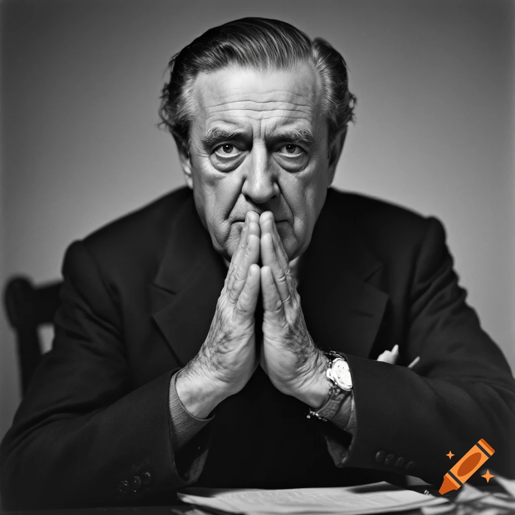 Black and white portrait of an older man in a suit, seated with hands clasped.