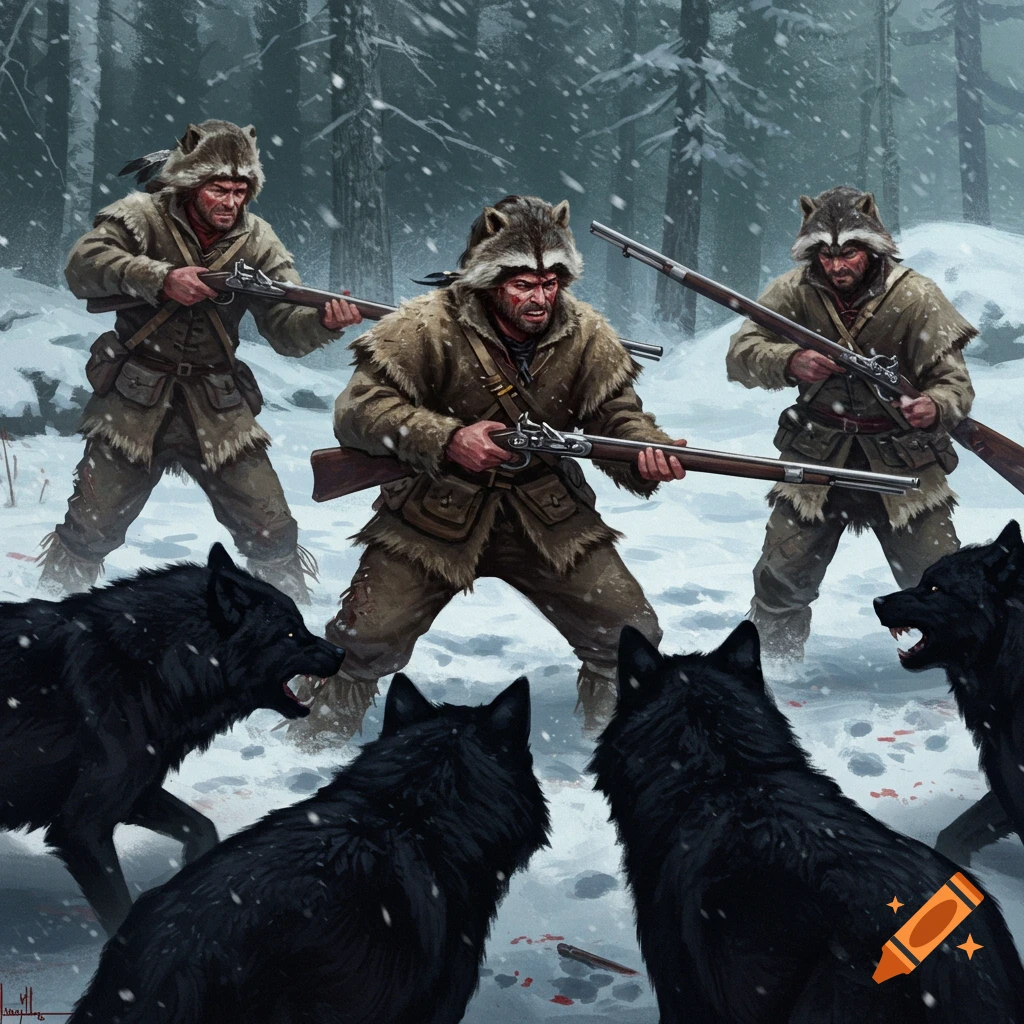 Three trappers with rifles and raccoon hats fight black wolves in a snowy forest.