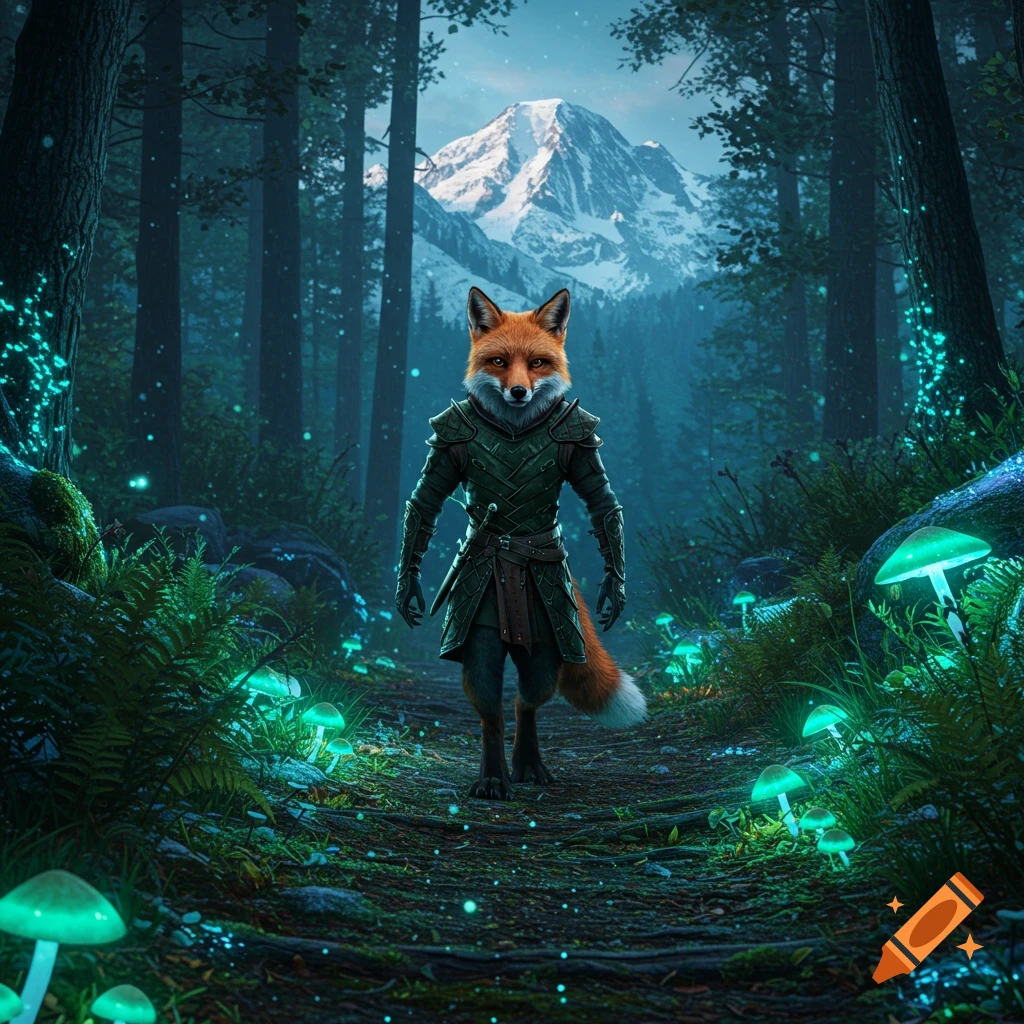 Fox warrior stands on a forest path with glowing mushrooms and mountain background.
