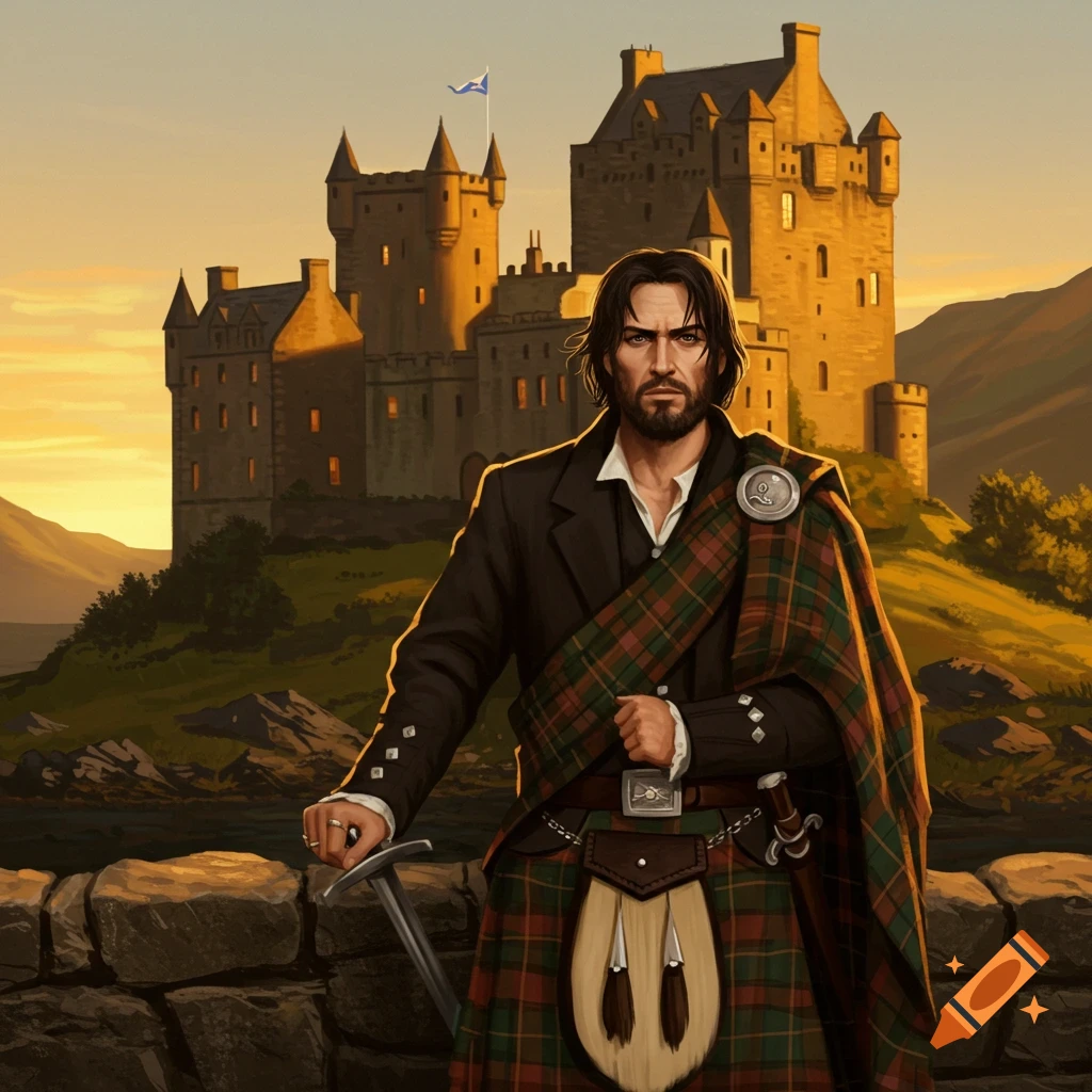 A man in a kilt stands in front of a Scottish castle at sunset.