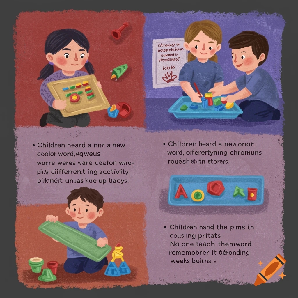 Four-panel illustration of children playing with colorful blocks and toys.