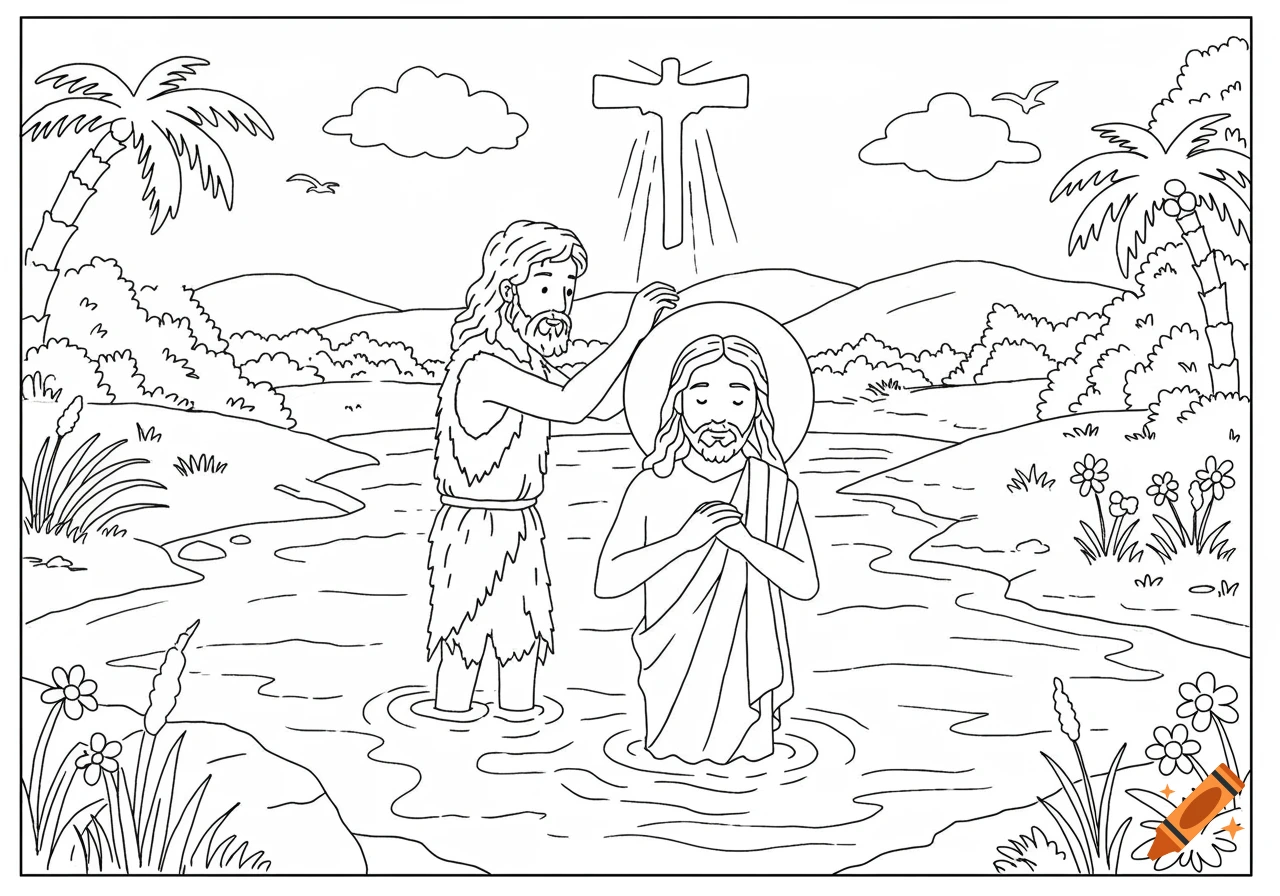 Line drawing of John the Baptist baptizing Jesus in a river with palm trees and hills