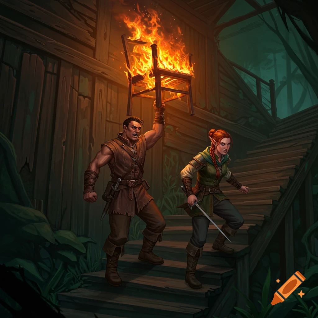 Two adventurers on wooden stairs, one holding up a burning chair.