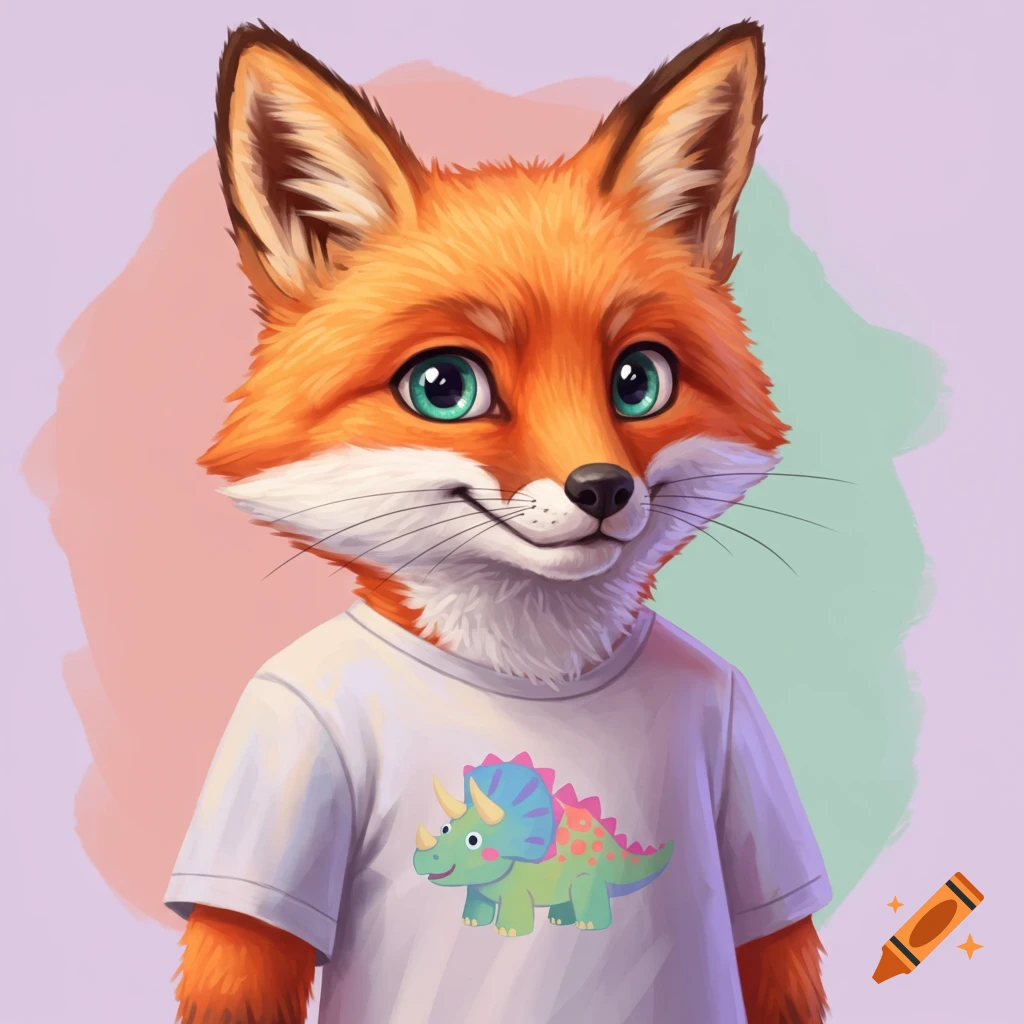 An anthropomorphic fox wearing a t-shirt with a cartoon dinosaur.