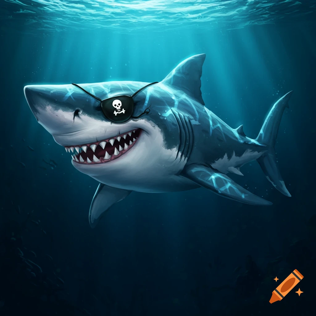 A smiling cartoon shark wearing a pirate eyepatch while swimming underwater.