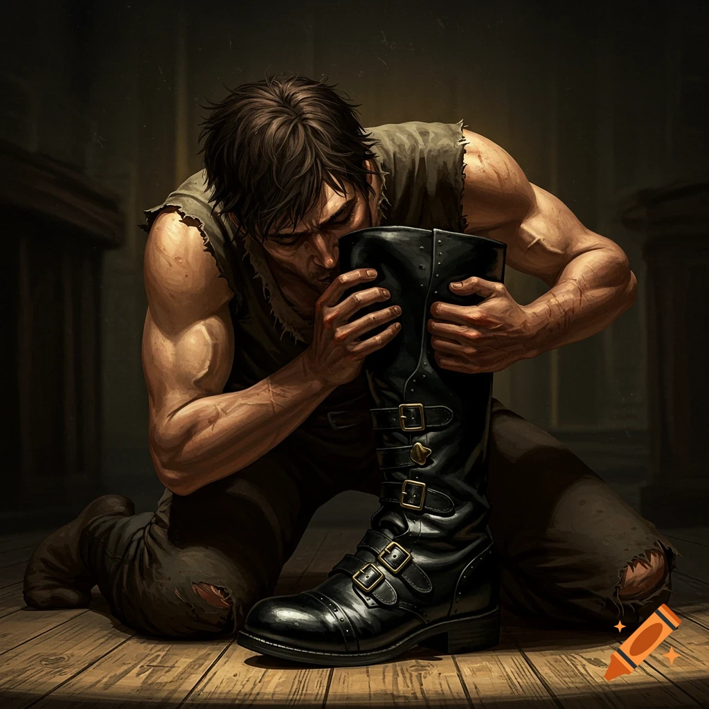 A man on his knees holding and kissing a black boot.