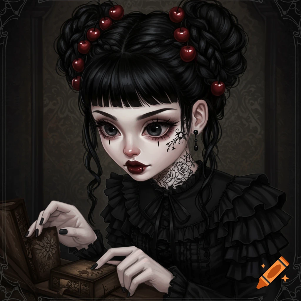 A gothic woman with cherry hair buns examines ornate boxes.