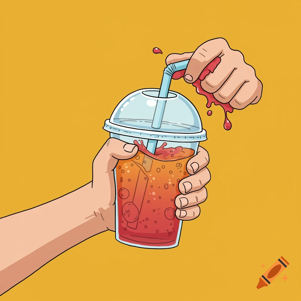 A cartoon illustration of hands squeezing a disposable cup of red fruit punch with a straw.