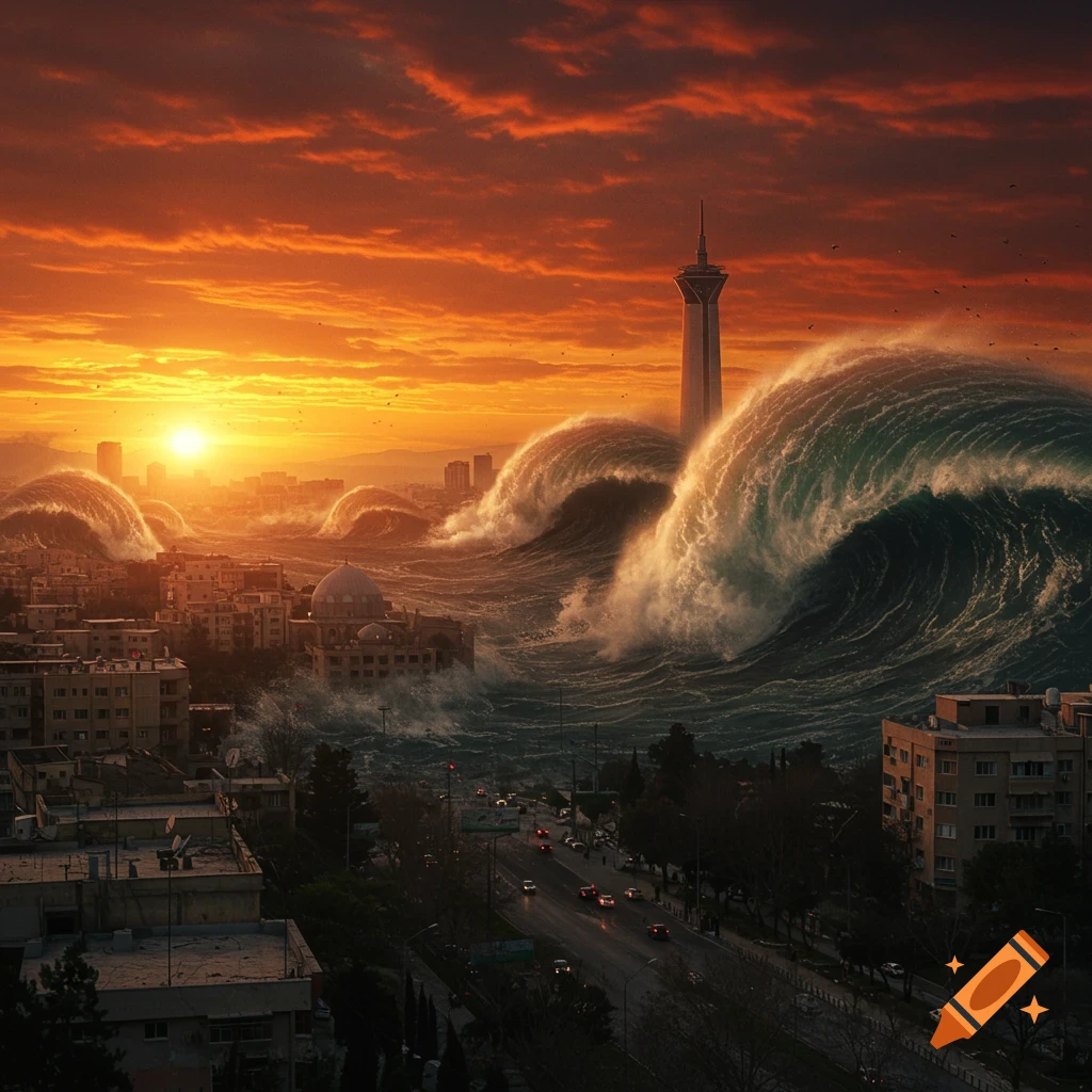 Giant waves crashing over a city skyline with a tall tower at sunset.