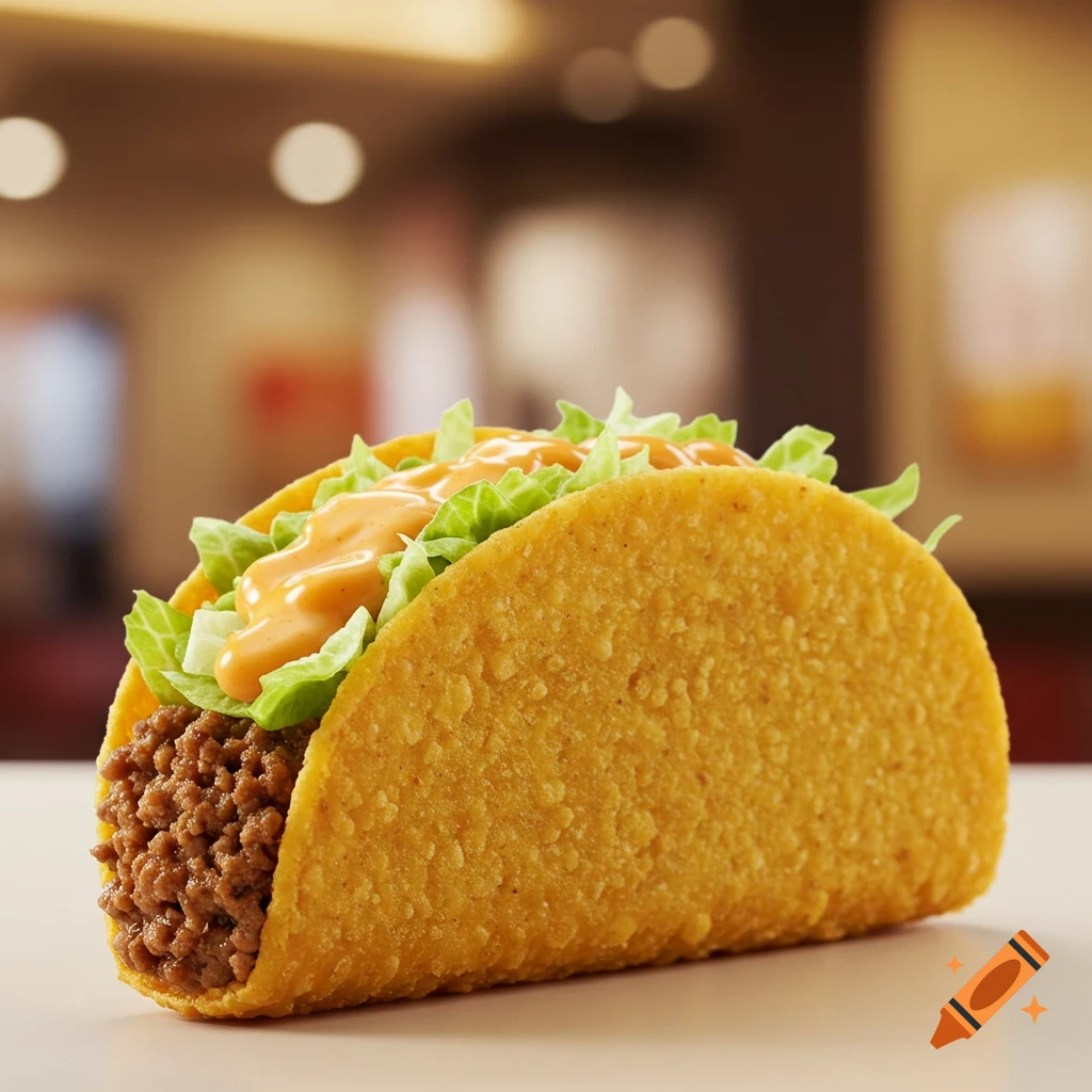 Close-up of a hard shell taco with meat, lettuce, and sauce, on a table in a restaurant setting.