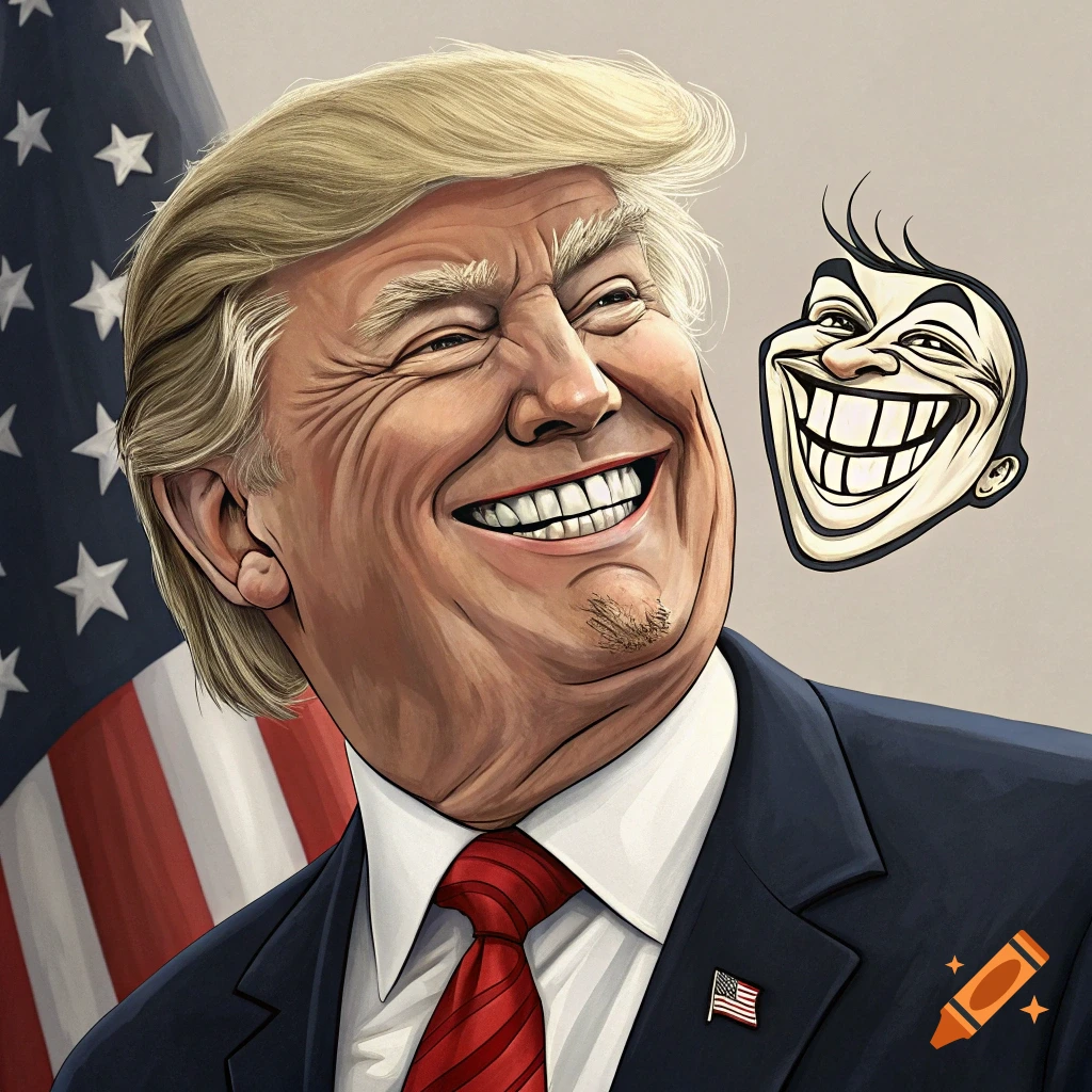 Political caricature of Donald Trump smiling with a Trollface meme beside him, in front of an American flag.