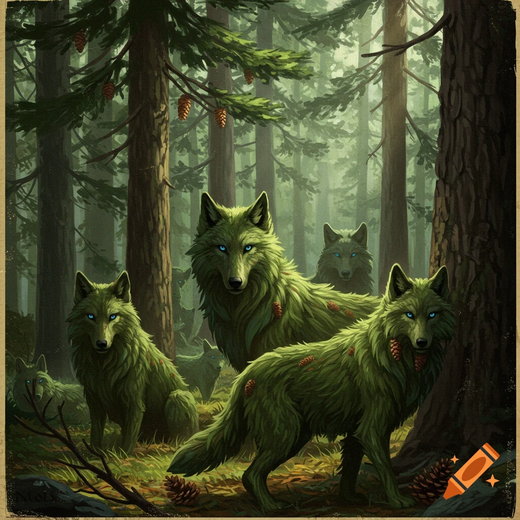 Green, pine tree wolves with glowing blue eyes in a forest.