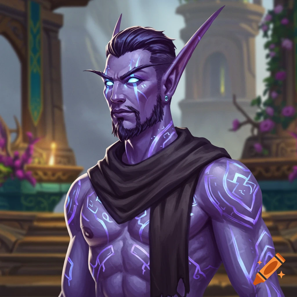 Male World of Warcraft Nightborne elf with purple skin, glowing tattoos, and a scarf.