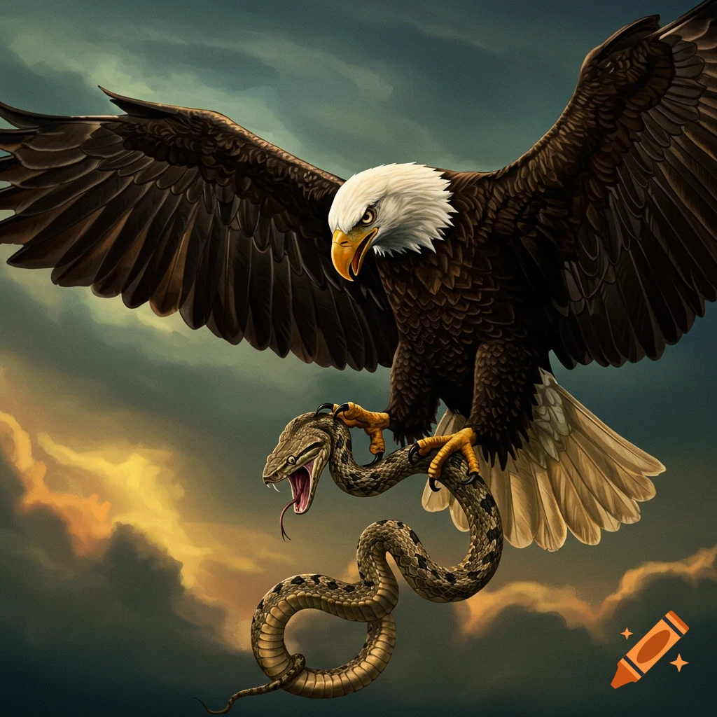An eagle flying while clutching a snake in its talons