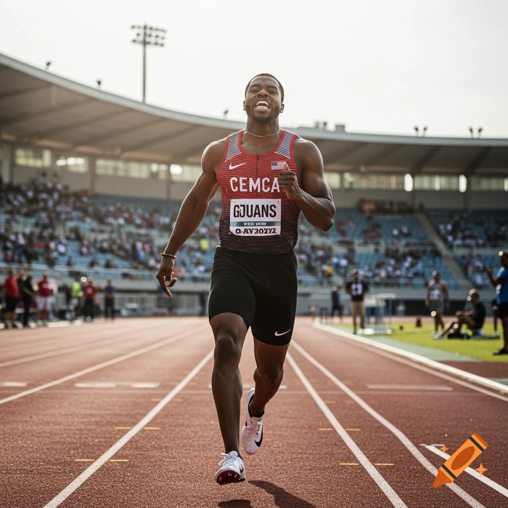 A runner sprints towards the finish line in a stadium during a race.