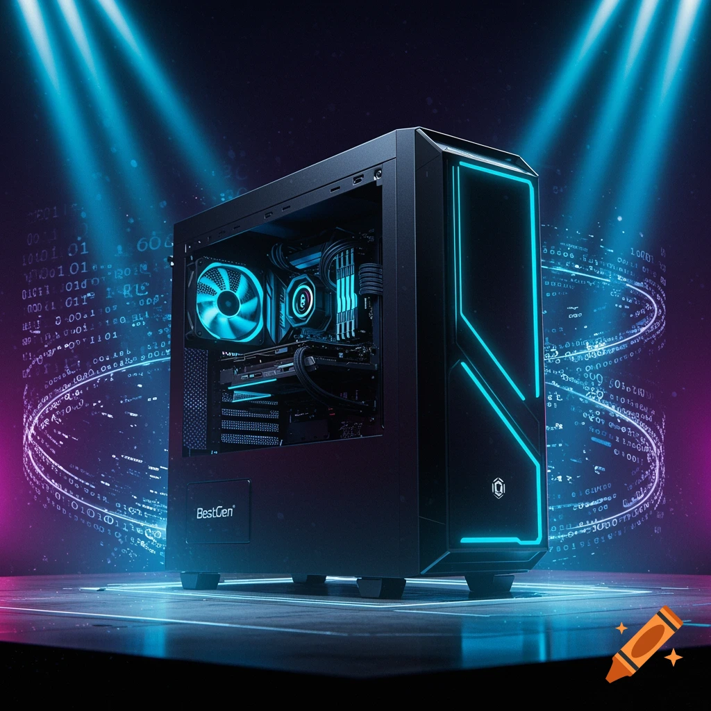 A black PC case with blue lights sits on a platform in a futuristic setting with swirling data.