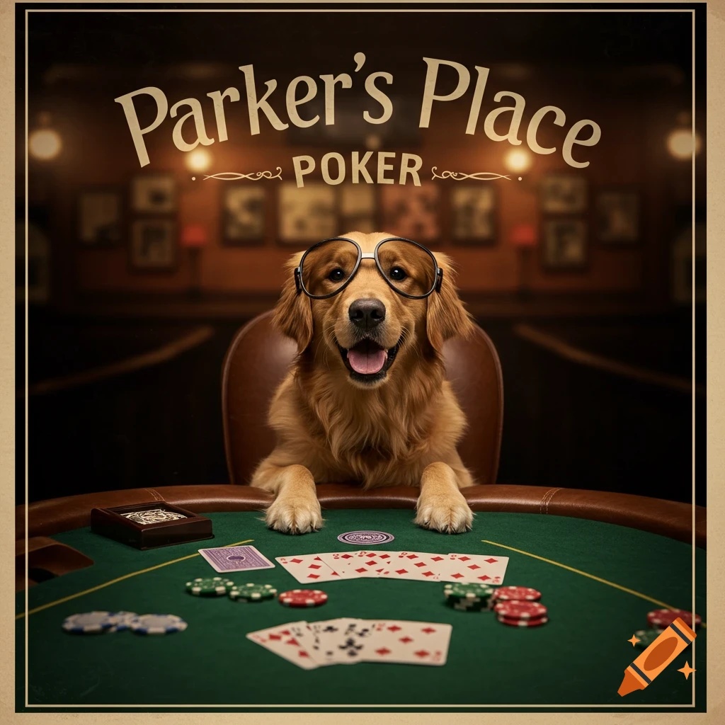 A Golden Retriever dog wearing glasses plays poker at a table with cards and chips under a sign that reads 'Parker's Place Poker'.