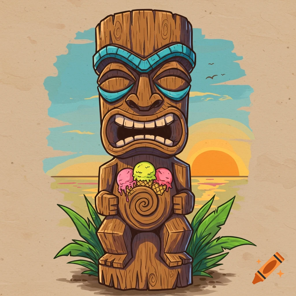 A colorful illustration of a tiki idol statue holding three scoops of ice cream in front of a beach sunset.