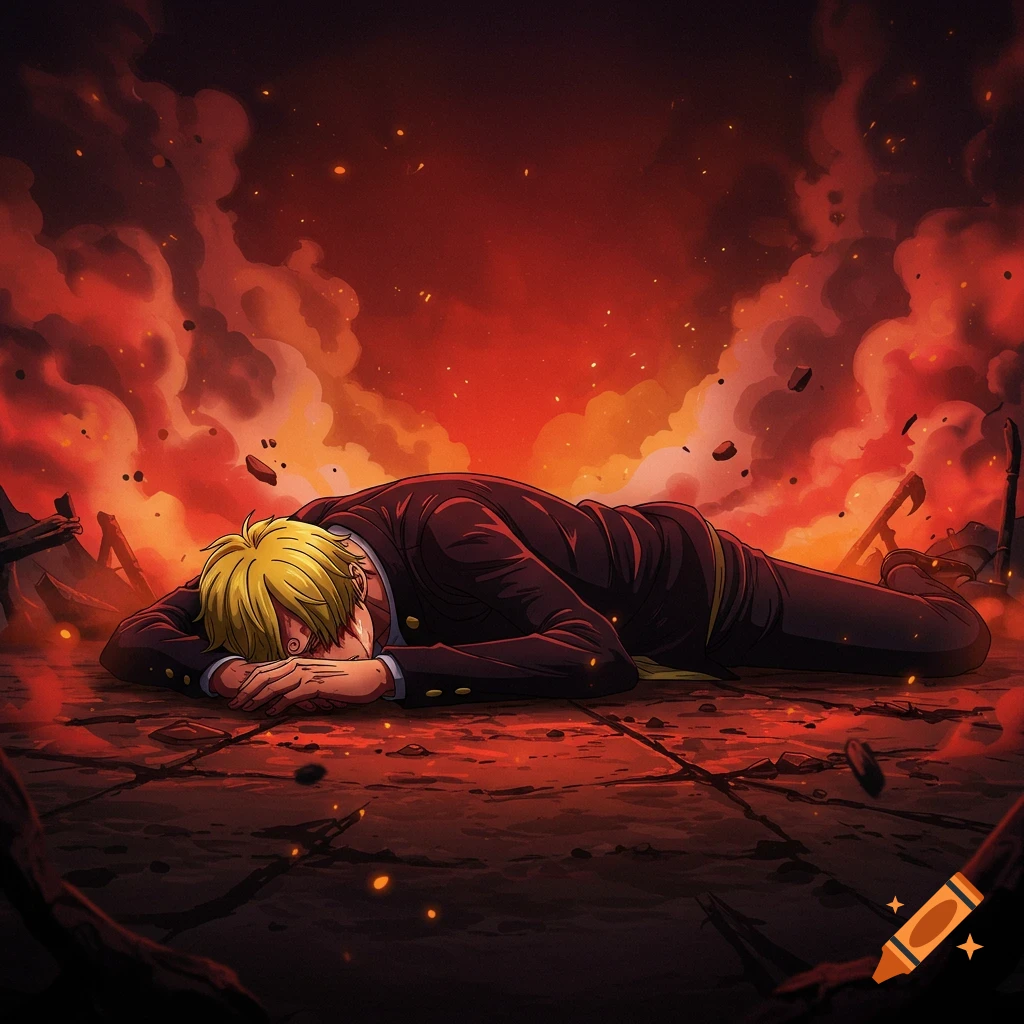 Anime depiction of Sanji from One Piece lying face down in rubble with fire and smoke.