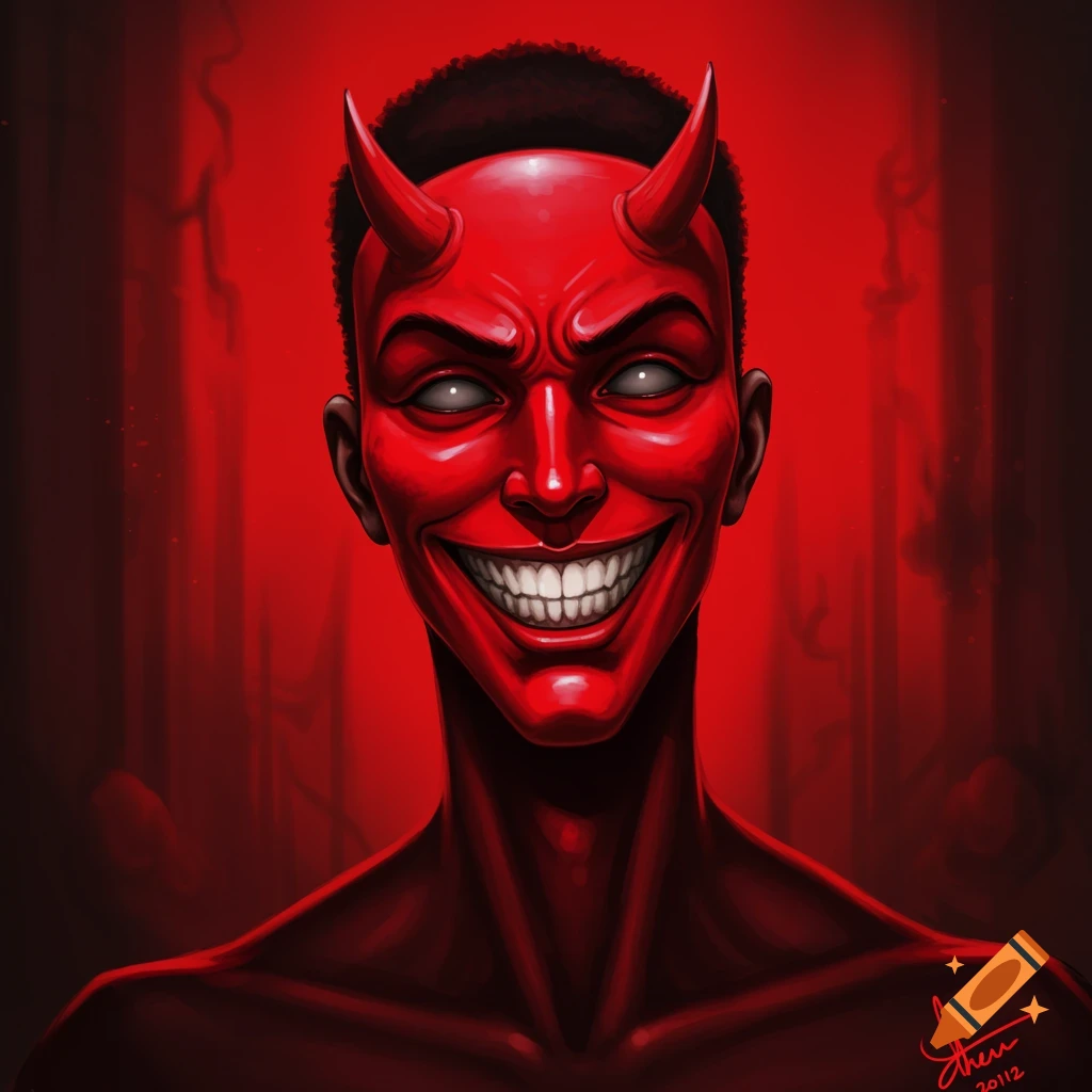 A figure with a red face and horns, grinning.