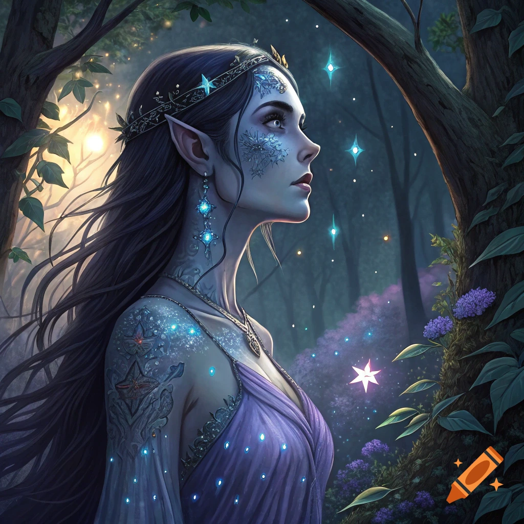 Ethereal elven woman with long dark hair and glowing constellation tattoos in a mystical forest with twinkling lights.