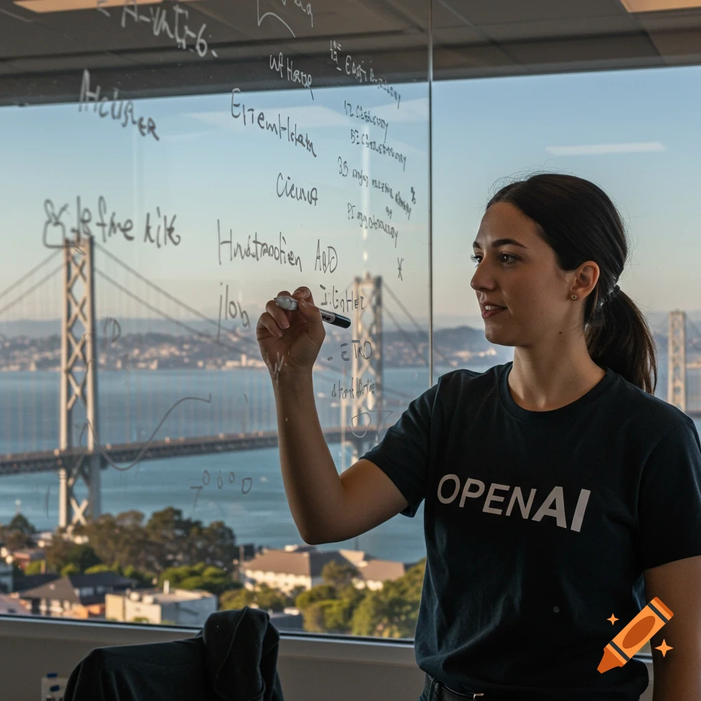 Woman writes on glass whiteboard overlooking the Bay Bridge, wearing an OpenAI shirt.