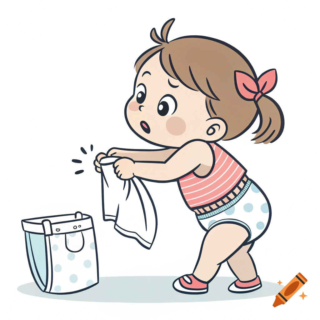 Vector illustration of a toddler pulling off her diaper next to a pail.